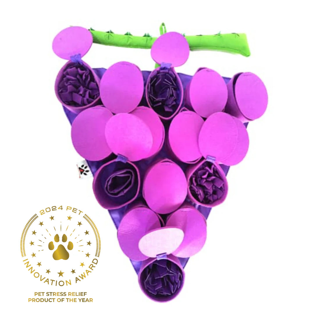 Interactive dog snuffle mat with partially open flaps, encouraging sniffing and foraging for hidden treats.
