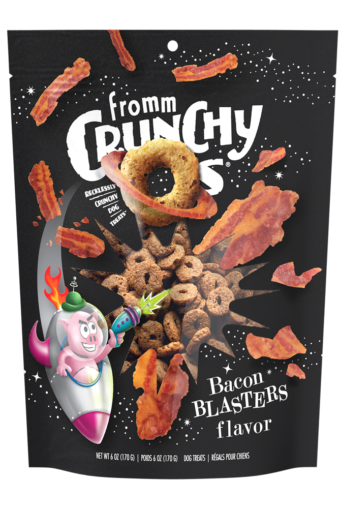 Front view of Fromm Crunchy O's Bacon Blaster bag showcasing bacon-flavoured treats.