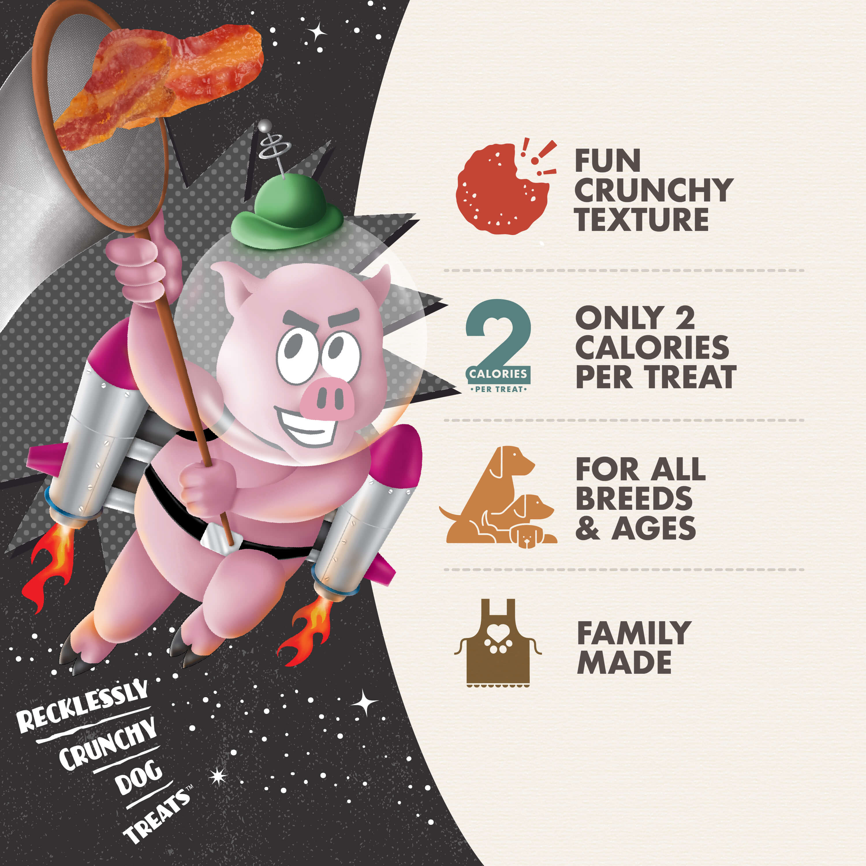 Benefits of Fromm Crunchy O's Bacon Blaster, including rich bacon flavour and low calories.