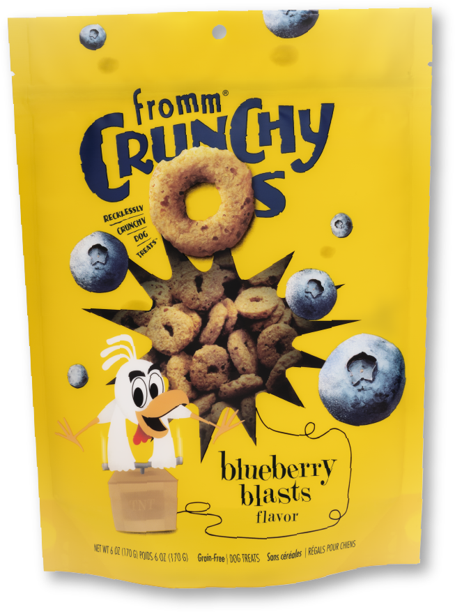 Front view of Fromm Crunchy O's Blueberry Blast showing crunchy blueberry treats.