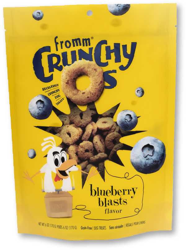 Front view of Fromm Crunchy O's Blueberry Blast showing crunchy blueberry treats.