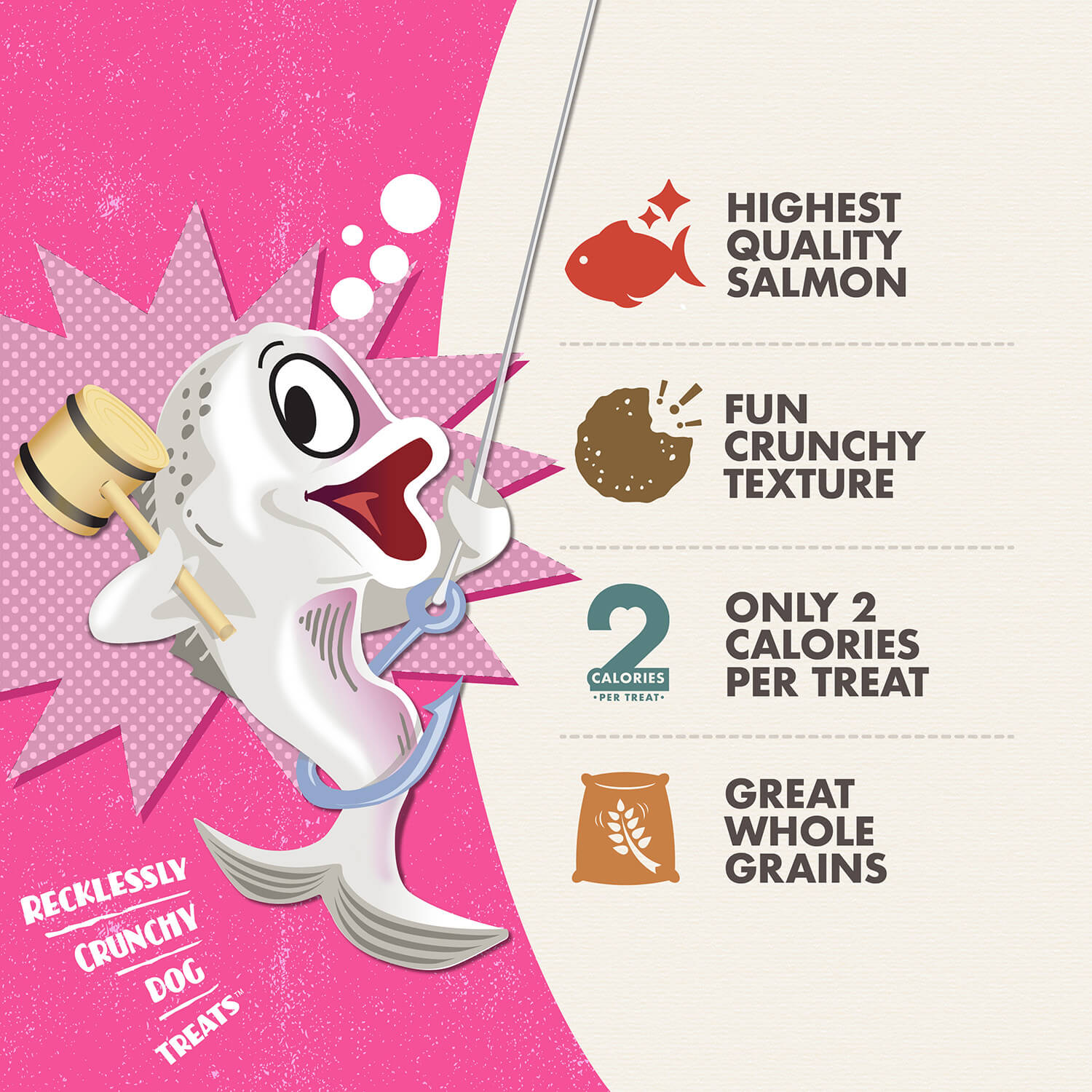 Fromm Crunchy O's Slammon' Smoked Salmon highlighting benefits like bold salmon flavour and low calories.