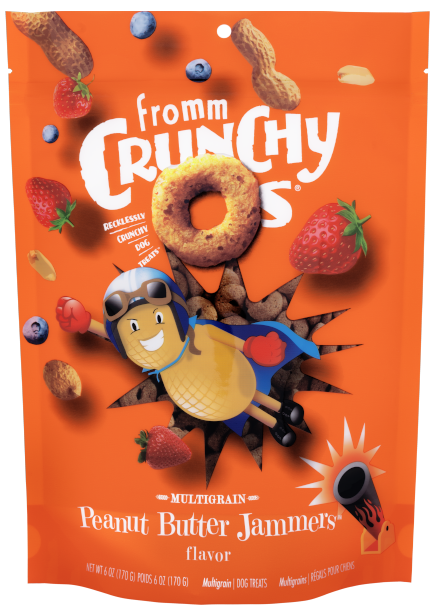 Front view of Fromm Crunchy O's Peanut Butter Jammers bag showcasing peanut butter treats.
