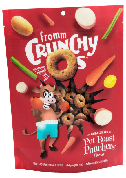 Front view of Fromm Crunchy O's Pot Roast Punchers bag showcasing pot roast-flavored treats.