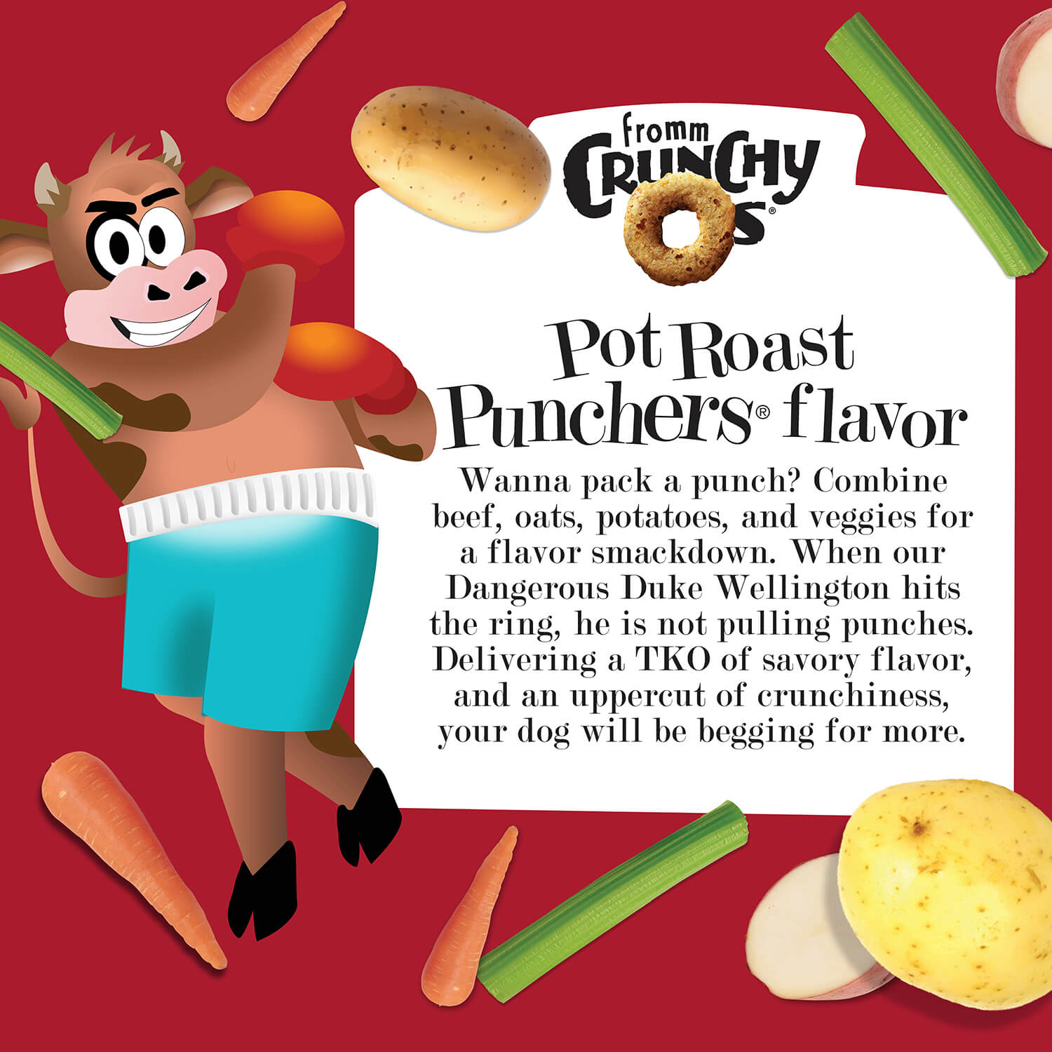 Fromm Crunchy O's Dog Treats Pot Roast Punchers combine beef, oats, potatoes and veggies