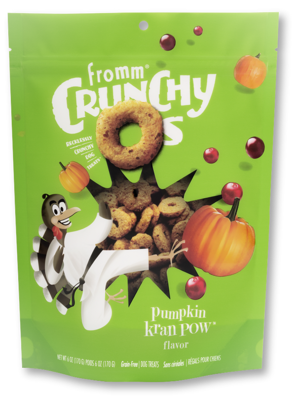 Front view of Fromm Crunchy O's Pumpkin Kran POW bag showcasing crunchy pumpkin treats.