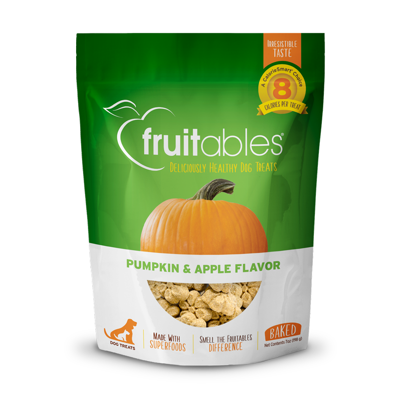 Front view of Fruitables Baked Dog Treats packaging, highlighting the Pumpkin & Apple flavour and key features.