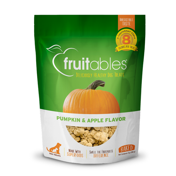 Front view of Fruitables Baked Dog Treats packaging, highlighting the Pumpkin & Apple flavour and key features.