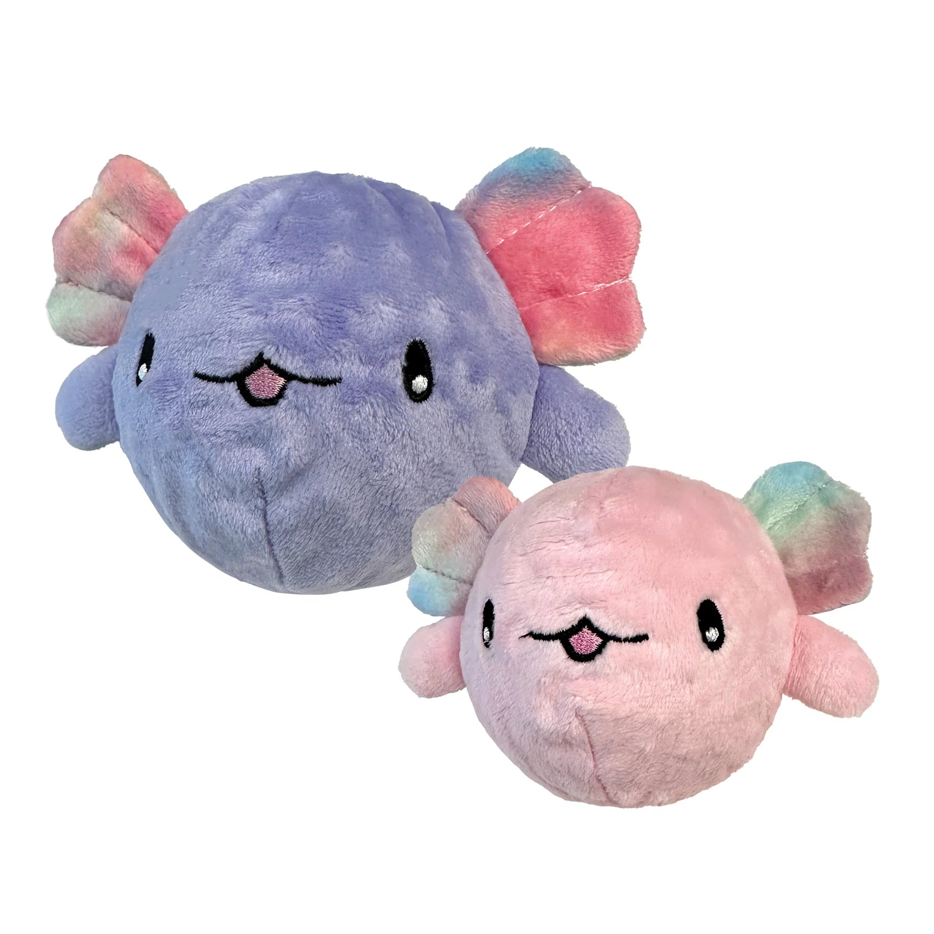 Image showing the small pink and large purple Fuzzy Wuzzy Axolotl toys side by side, highlighting the 2-in-1 plush and hidden spiked ball features, perfect for dogs of all sizes and chewing levels.