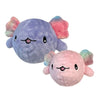 Image showing the small pink and large purple Fuzzy Wuzzy Axolotl toys side by side, highlighting the 2-in-1 plush and hidden spiked ball features, perfect for dogs of all sizes and chewing levels.