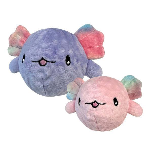 Image showing the small pink and large purple Fuzzy Wuzzy Axolotl toys side by side, highlighting the 2-in-1 plush and hidden spiked ball features, perfect for dogs of all sizes and chewing levels.