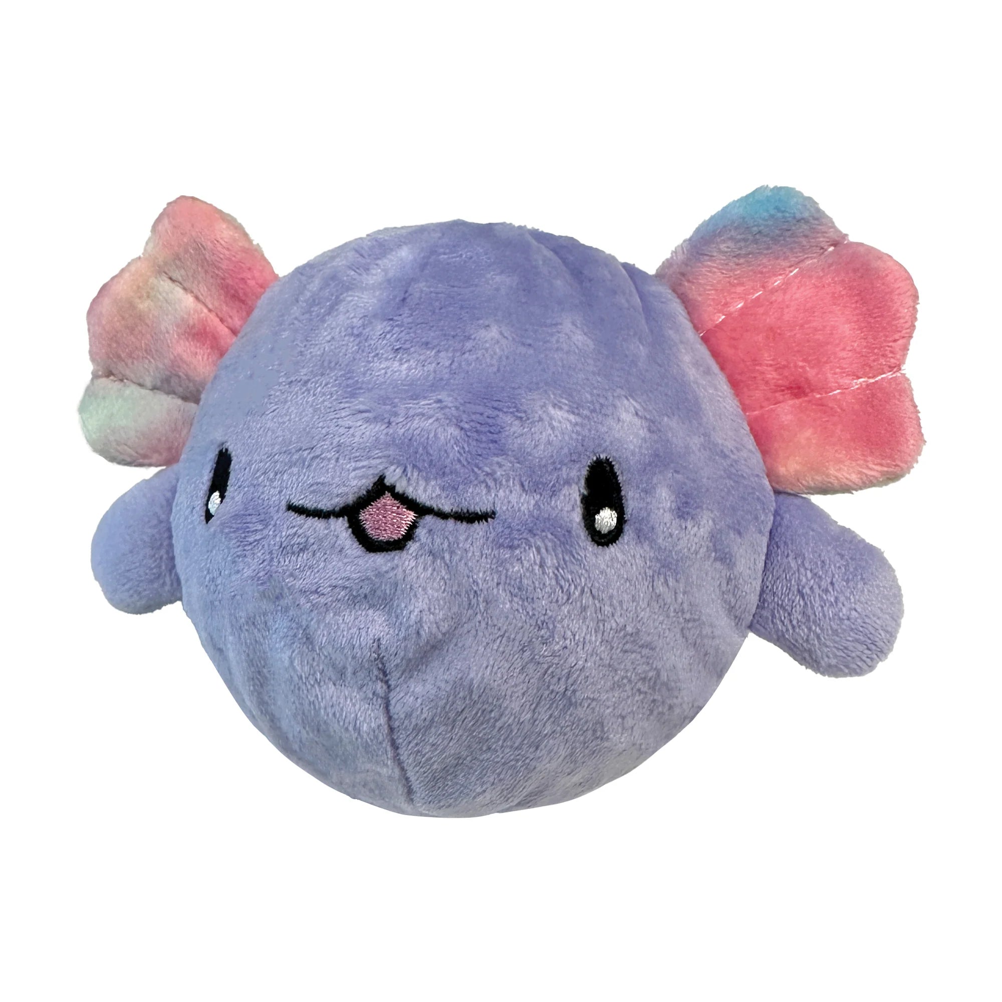 Image of the large purple Fuzzy Wuzzy Axolotl displaying the vibrant tie-dye plush, crinkle fins, and built-in squeaker designed to delight dogs while hiding a spiked TPR ball inside.
