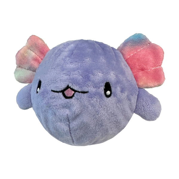 Image of the large purple Fuzzy Wuzzy Axolotl displaying the vibrant tie-dye plush, crinkle fins, and built-in squeaker designed to delight dogs while hiding a spiked TPR ball inside.