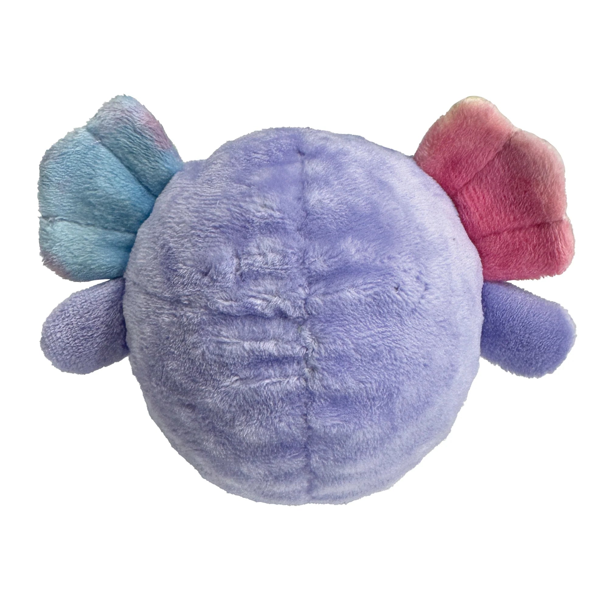 Image of the back view of the purple Fuzzy Wuzzy Axolotl highlighting its plush softness, crinkly fins, and durability, ideal for dogs who love to chew and uncover hidden surprises.