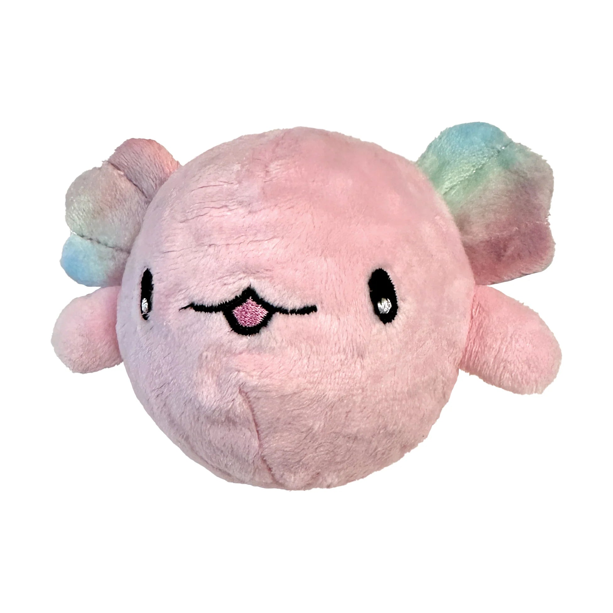Image of the front view of the pink Fuzzy Wuzzy Axolotl showcasing its adorable embroidered face, plush texture, and crinkly fins designed to engage and soothe dogs during play.