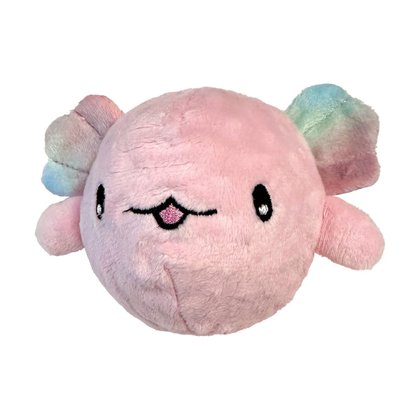 Image of the front view of the pink Fuzzy Wuzzy Axolotl showcasing its adorable embroidered face, plush texture, and crinkly fins designed to engage and soothe dogs during play.