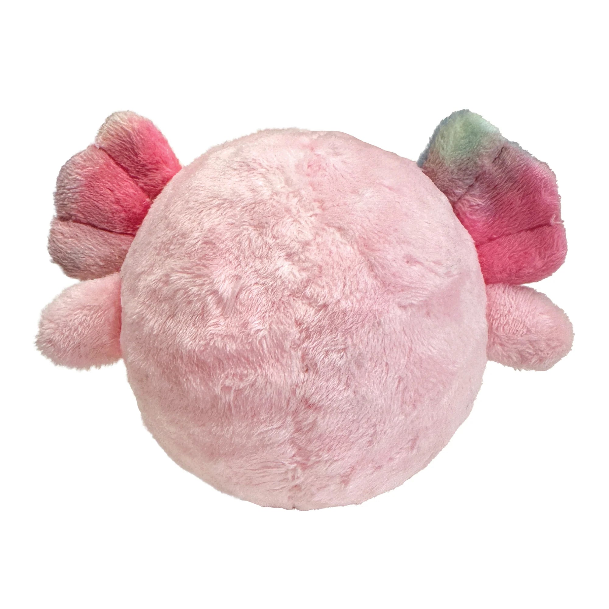 Image showing the back of the pink Fuzzy Wuzzy Axolotl, demonstrating the soft plush surface and stitched details that make it cuddly, tossable, and fun for light to moderate chewers.