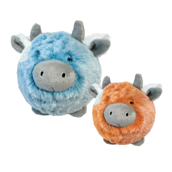 Image showing the small orange and large blue Fuzzy Wuzzy MooMoo toys side by side, featuring their soft faux rabbit fur and hidden TPR ball design for sensory play and dental health.