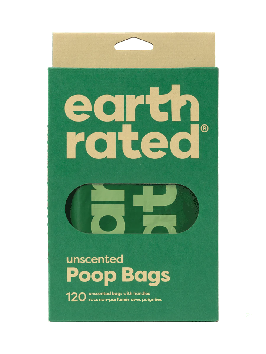 The front of the Earth Rated handle bag box, showing the easy-tie handles for mess-free disposal.