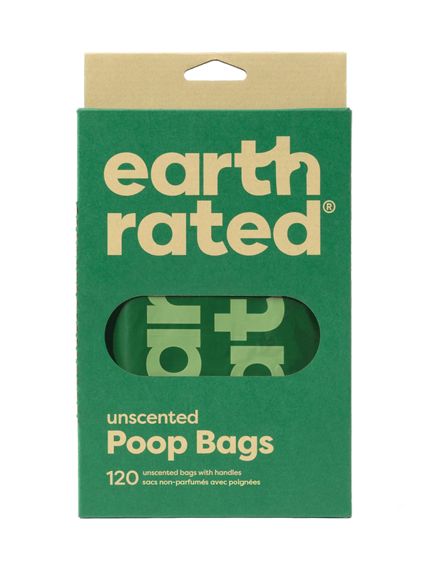 The front of the Earth Rated handle bag box, showing the easy-tie handles for mess-free disposal.