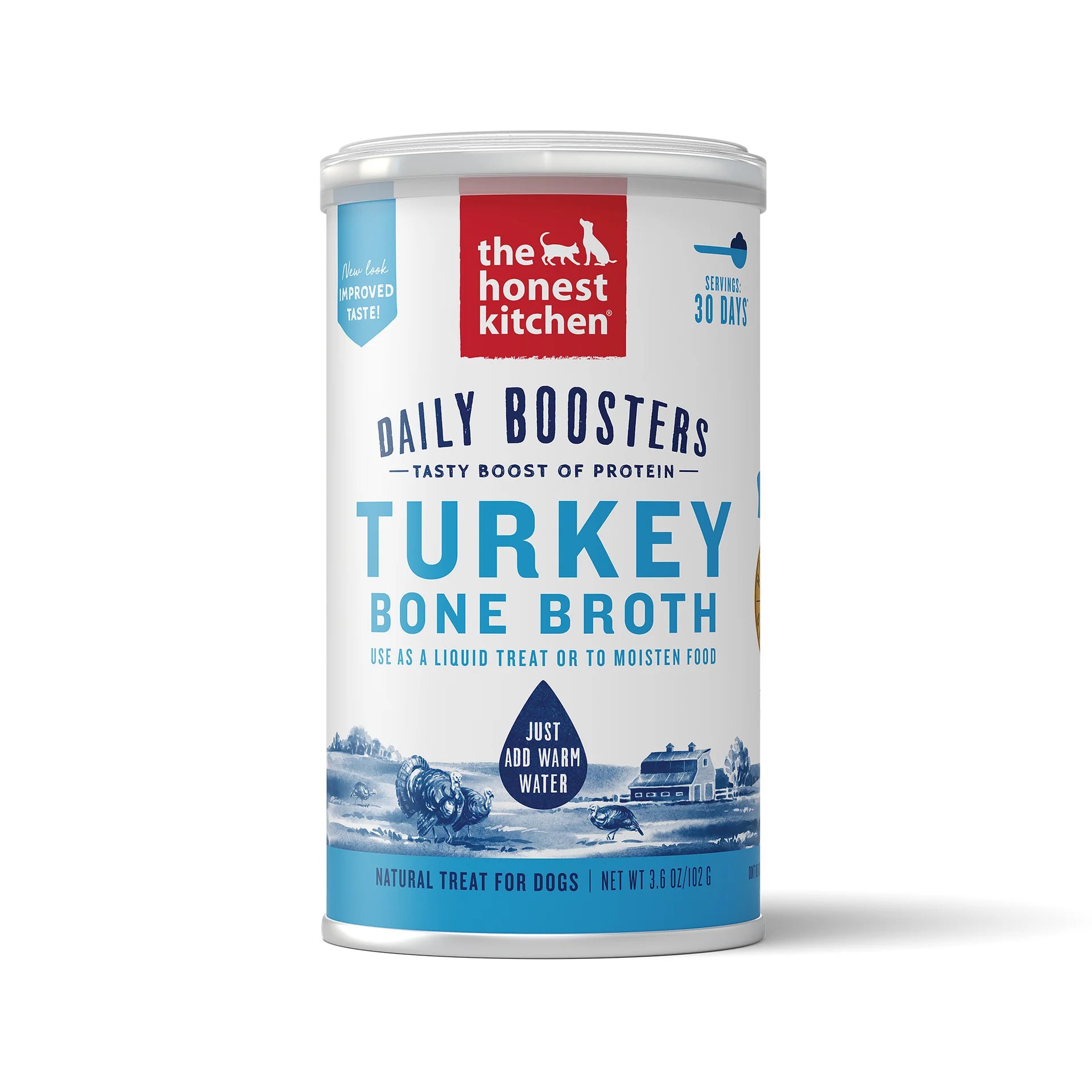 Front view of Honest Kitchen - Turkey & Turmeric Instant Beef Broth can showing the product label.