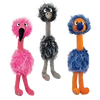 KONG Comfort Jumbo Bird plush toy in three vibrant colors: pink, blue, and grey, showcasing its long, floppy design.
