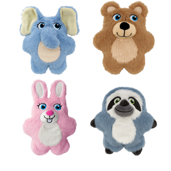 All four KONG Snuzzles Kiddos plush dog toys—bunny, sloth, teddy bear, and elephant—displayed together, each featuring a full-body squeaker and ultra-soft fabric for comforting snuggles and enriching play.