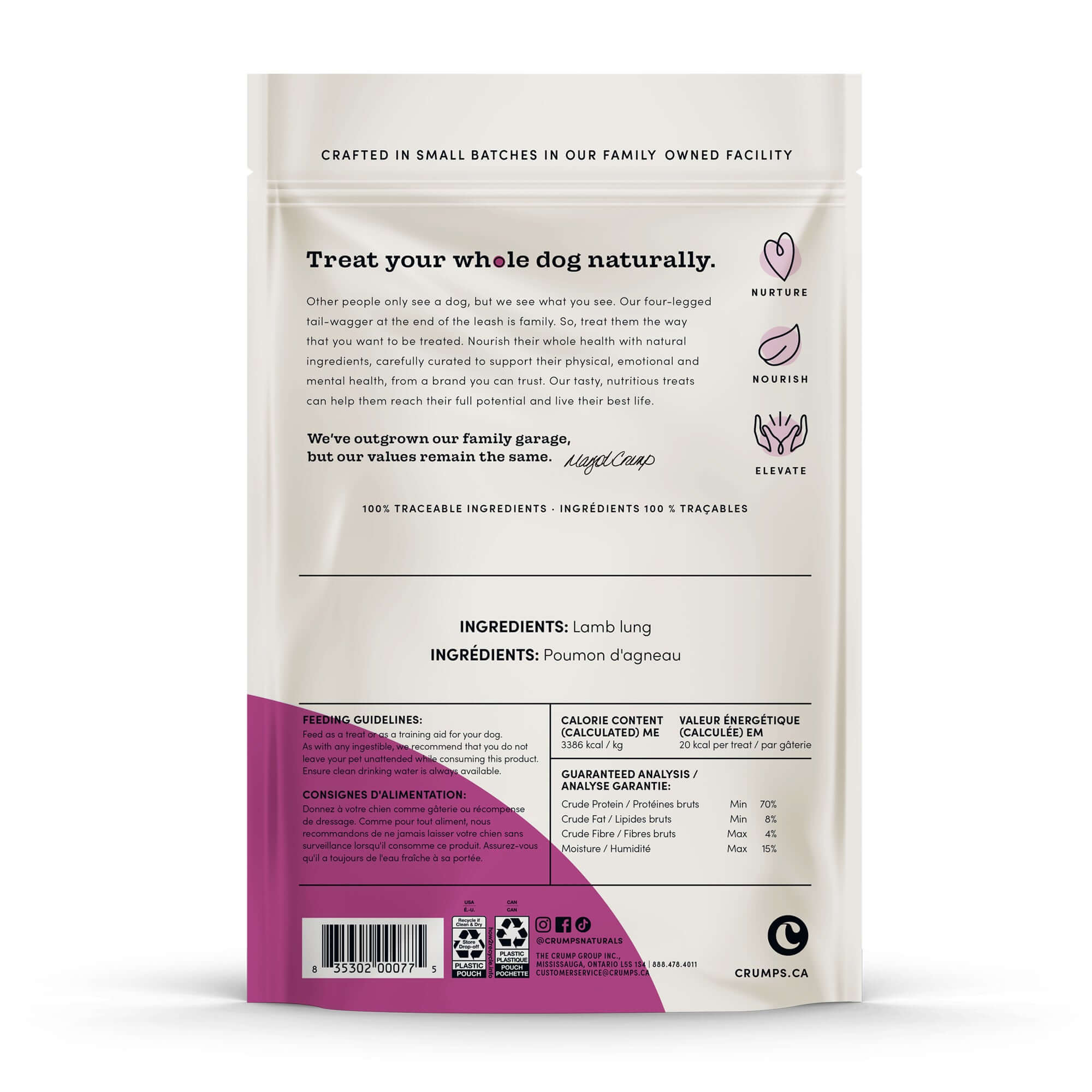 Detailed view of the ingredient list and guaranteed analysis, showcasing the treat’s high protein content and premium quality.