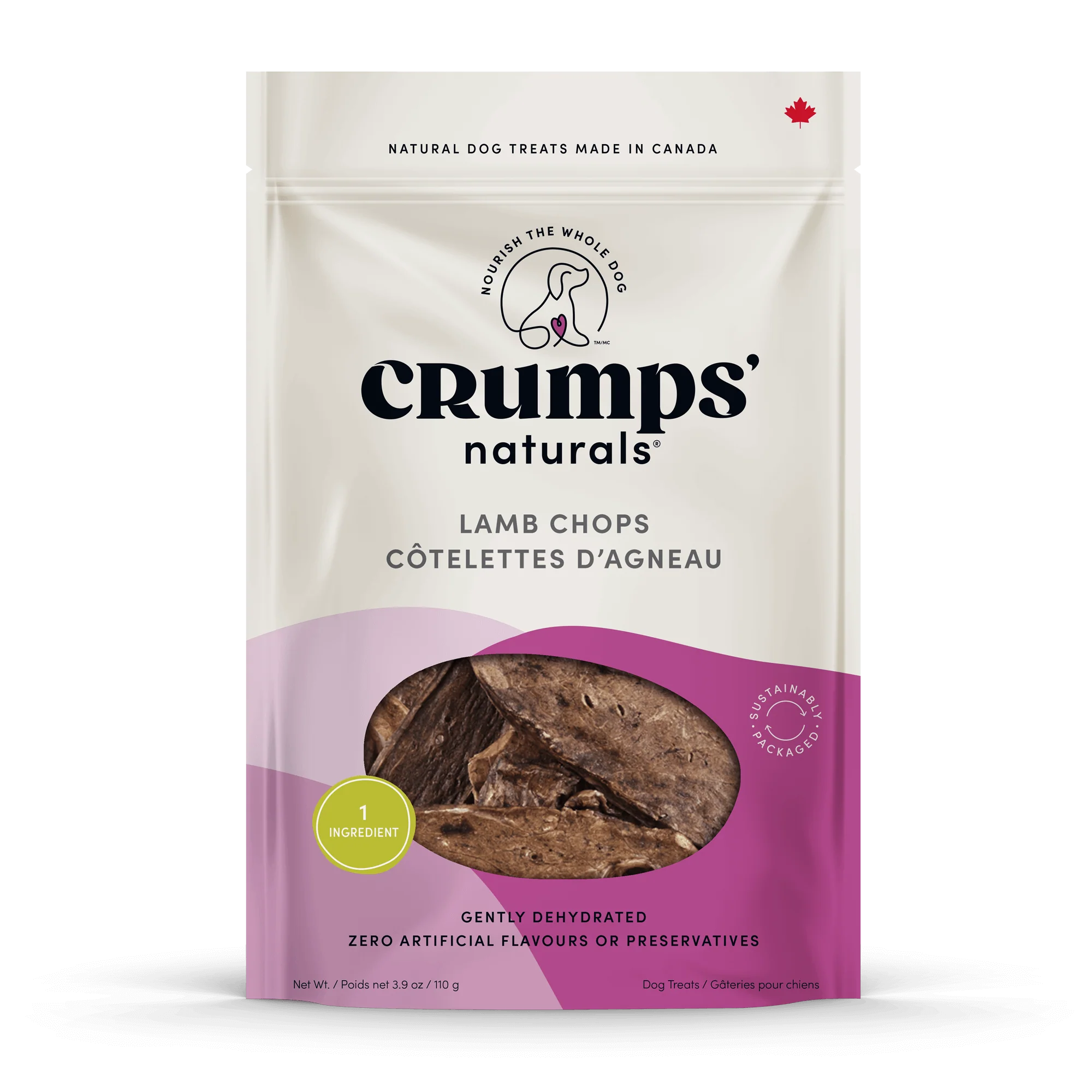A close-up of the Crumps - Lamb Chops packaging, highlighting its 100% lamb lung, hypoallergenic benefits, and all-natural ingredients.