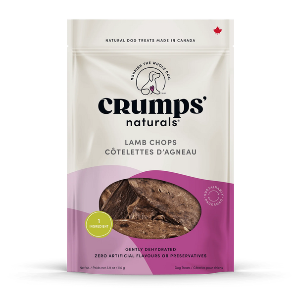 A close-up of the Crumps - Lamb Chops packaging, highlighting its 100% lamb lung, hypoallergenic benefits, and all-natural ingredients.