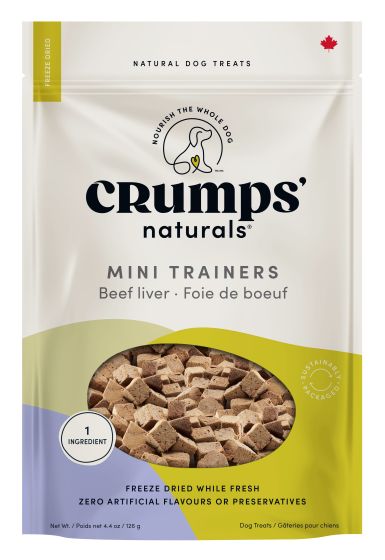 Front view of Crumps' Mini Trainers - Dried Beef Liver package, showcasing the natural dog training treats.