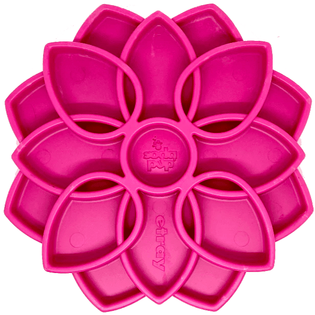 An image of the Soda Pup Mandala Slow Feeder in a bright pink color, featuring the unique mandala design that encourages slower eating and provides mental stimulation.