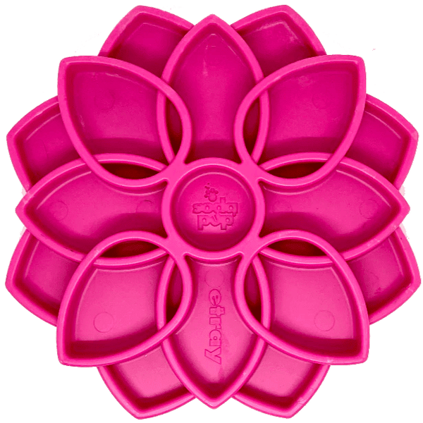 An image of the Soda Pup Mandala Slow Feeder in a bright pink color, featuring the unique mandala design that encourages slower eating and provides mental stimulation.