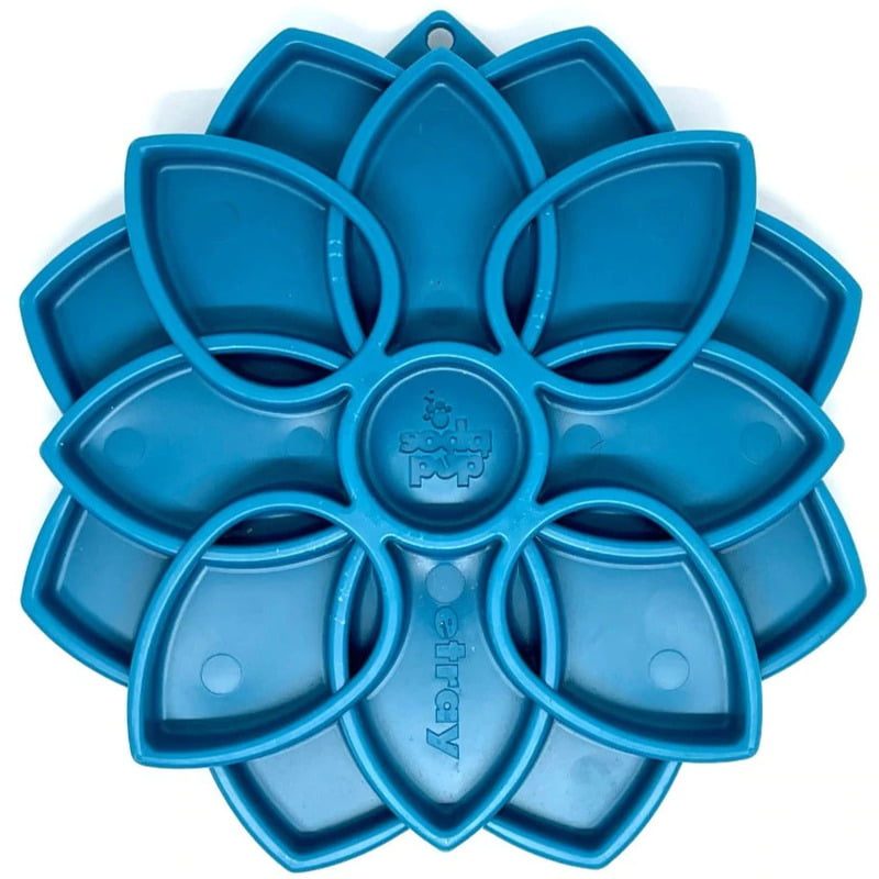 An image of the Soda Pup Mandala Slow Feeder in a vibrant blue color, highlighting its intricate mandala pattern designed to slow down eating and improve digestion.