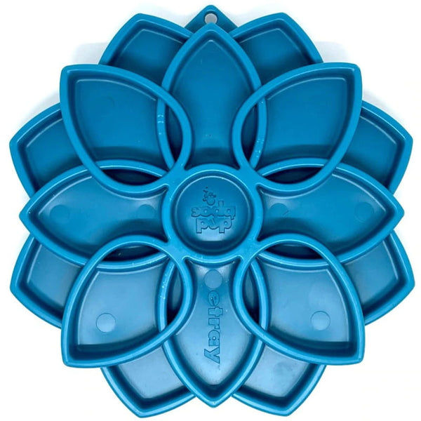 An image of the Soda Pup Mandala Slow Feeder in a vibrant blue color, highlighting its intricate mandala pattern designed to slow down eating and improve digestion.