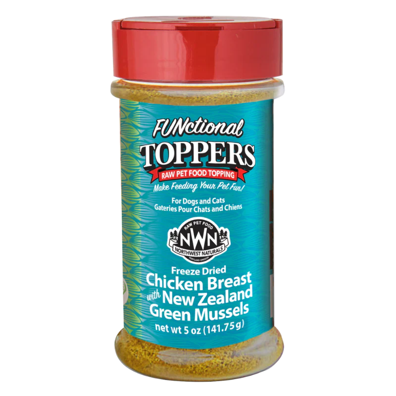 Bottle of Northwest Naturals FUNctional Freeze Dried Chicken Breast with New Zealand Green Mussels, showcasing the front label and ingredients.