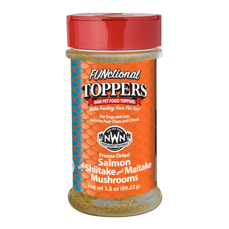 Front view of Northwest Naturals Freeze-Dried Salmon with Shiitake and Maitake Mushrooms Topper, showcasing the label and key benefits for dogs and cats.