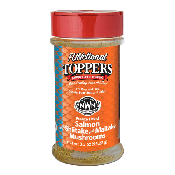 Front view of Northwest Naturals Freeze-Dried Salmon with Shiitake and Maitake Mushrooms Topper, showcasing the label and key benefits for dogs and cats.