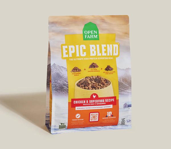 Image showing the front of Open Farm Epic Blend Chicken & Superfood Dry Dog Food bag, featuring high-protein chicken, probiotics, and superfoods to support health and vitality.