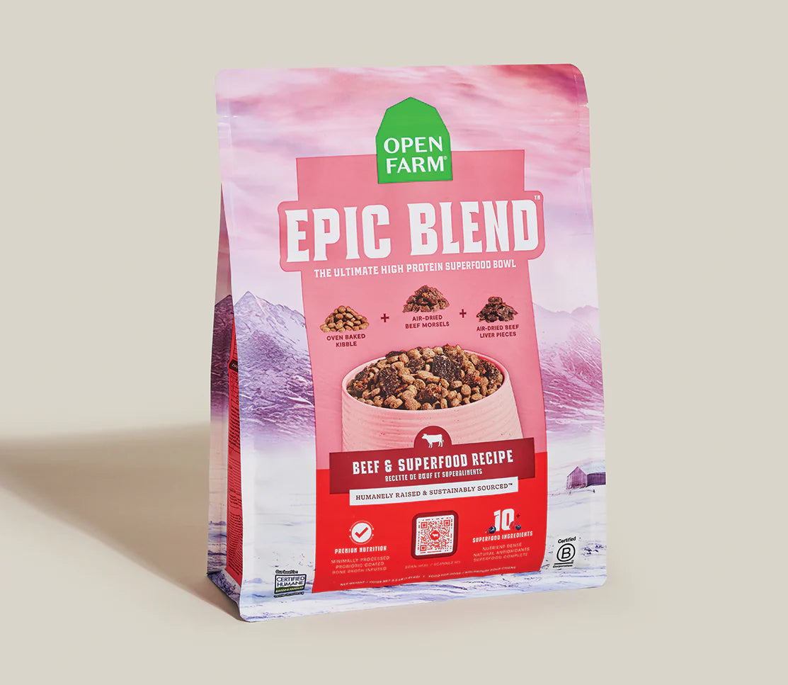 Image showing the front of Open Farm Epic Blend Beef & Superfood Dry Dog Food bag, highlighting high-protein beef recipe with probiotics and antioxidant-rich ingredients for full-body wellness.