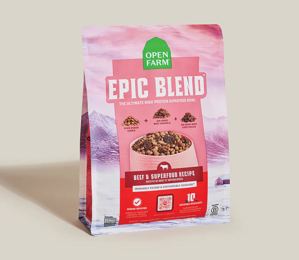 Image showing the front of Open Farm Epic Blend Beef & Superfood Dry Dog Food bag, highlighting high-protein beef recipe with probiotics and antioxidant-rich ingredients for full-body wellness.