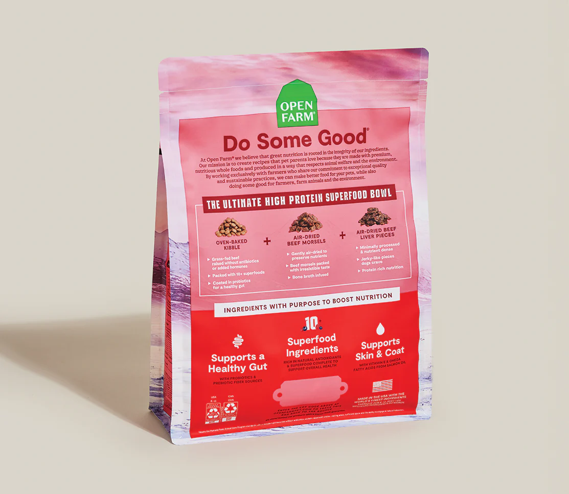 Image of the back of the Open Farm Epic Blend Beef bag featuring transparent ingredient sourcing, feeding instructions, and nutritional information for conscious pet owners.
