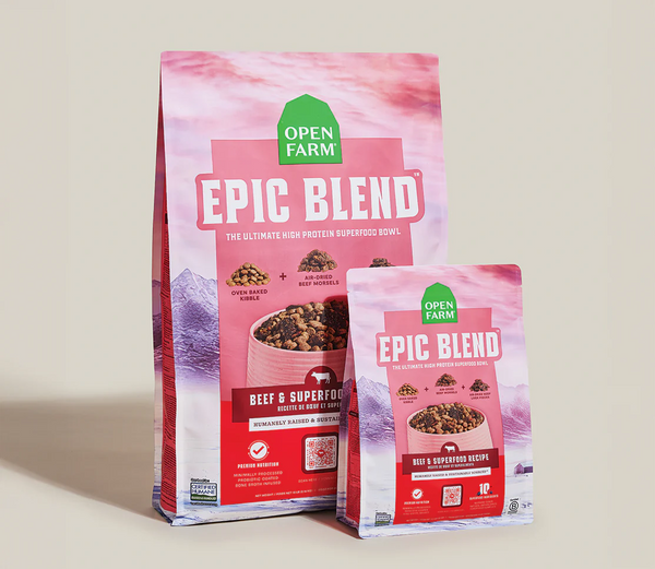 Image displaying both available sizes of Open Farm Epic Blend Beef bags, emphasizing options for single-dog households and multi-dog families who value flexible, premium nutrition.