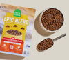 Image showing a scoop of food and bowl filled with Open Farm Epic Chicken blend alongside the product bag, highlighting nutrient-dense, protein-packed formula with visual appeal.