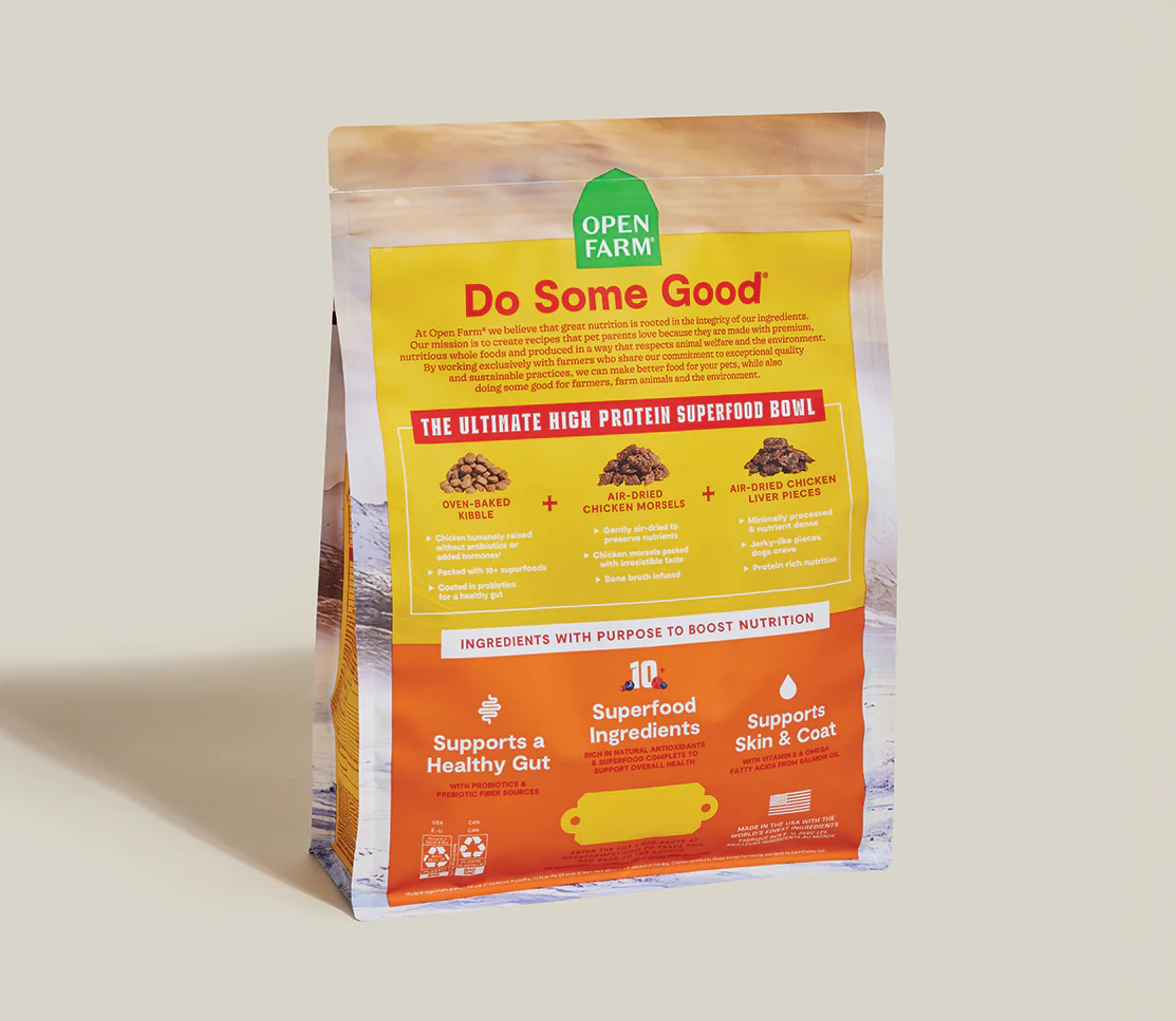 Image showing the back of the Open Farm Epic Blend Chicken bag, displaying nutritional information, ingredient transparency, and feeding guidelines for health-conscious dog owners.