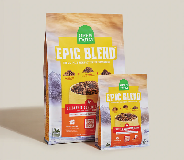 Image showing two available bag sizes for Open Farm Epic Chicken blend, highlighting flexible options for single- and multi-dog households and long-lasting premium nutrition.