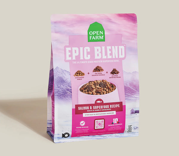 Image showing the front of Open Farm Epic Blend Salmon & Superfood Dog Food bag, highlighting premium, high-protein salmon recipe packed with superfoods and probiotics for full-body health.