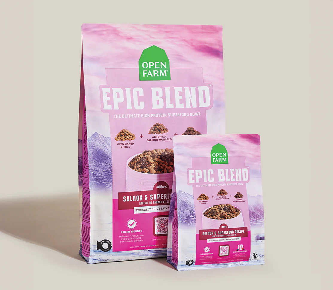 Image showing both available sizes of the Epic Blend Salmon recipe bags, emphasizing portion flexibility and suitability for dogs of all sizes and multi-dog households.