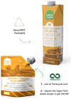Image emphasizing the recyclable packaging of Open Farm Chicken Bone Broth, showing eco-friendly labels and packaging materials