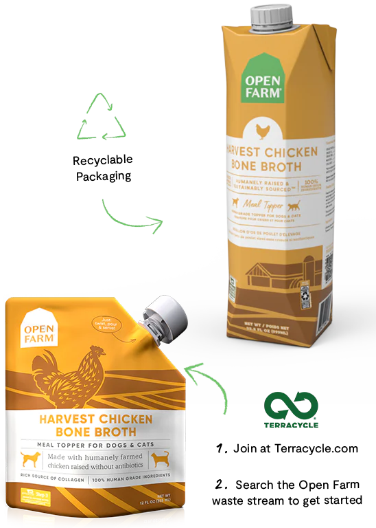 Image emphasizing the recyclable packaging of Open Farm Chicken Bone Broth, showing eco-friendly labels and packaging materials